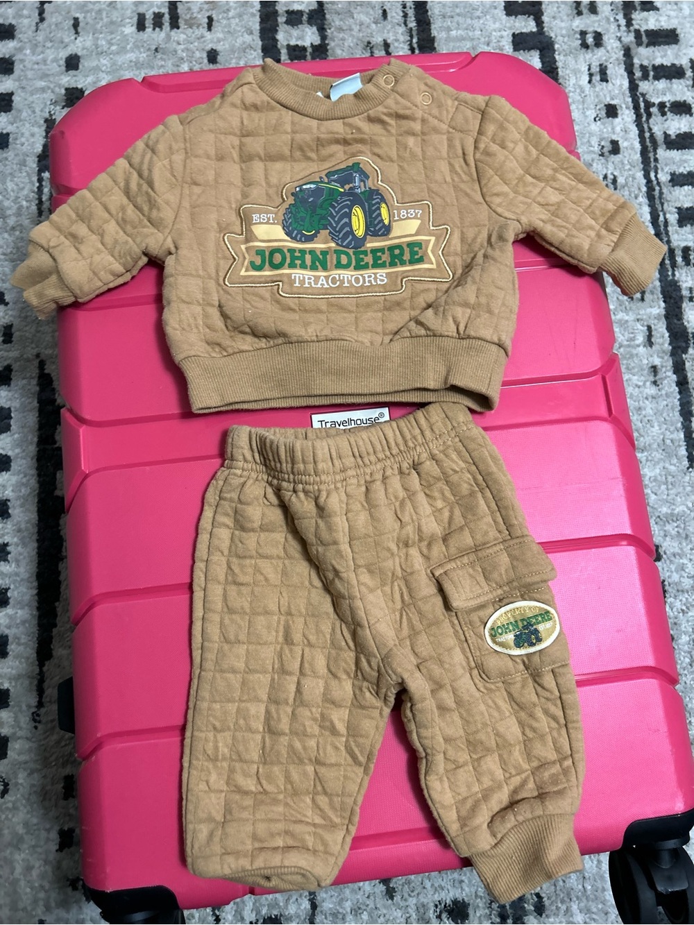 John Deere Quilted Tan Sweatshirt & Jogger Set with Green Tractor Patch